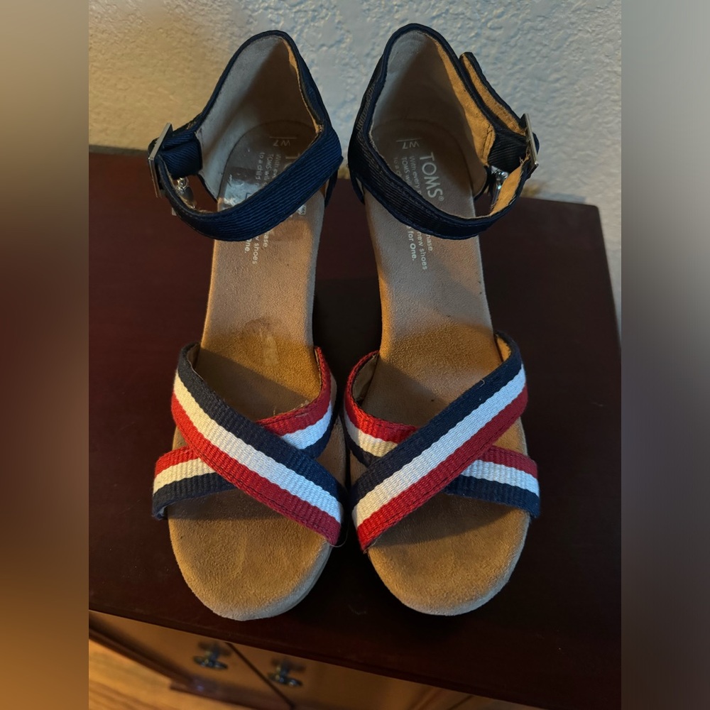 Red, white and blue Toms wedges.